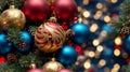 Default Christmas blue background with red and gold Christmas balls. Christmas tree decorations with bokeh Royalty Free Stock Photo