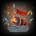 Game over vector badge, medieval final battle sign, wooden shield, sword, burning flag, fire, sparks.