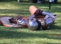 A defeated knight lies on the ground, a costume performance at a local community event, reconstruction of knightly battles