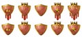 3D viking wooden shield, royal medieval game UI victory badge set, golden crown vintage knight armor.