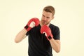 Defence skill. Sportsman boxer with gloves. Boxing concept. Man athlete boxer concentrated face with sport gloves. Boxer