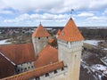 Defence towers of Kuressaare Fortress with weathercock. Spring. Medieval fortification in Saaremaa island, Estonia, Europe