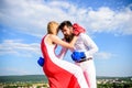 Defend your opinion in confrontation. Man and woman fight boxing gloves sky background. Female attack. Take course to be Royalty Free Stock Photo