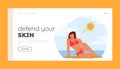 Defend your Skin Landing Page Template. Woman In Pain With Sunburn On Beach, Female Character with Red Irritated Skin