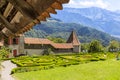 The defensce wall of the medieval Gruyeres Castle with its French garde Royalty Free Stock Photo