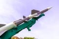 Defense forces weapon. Antiaircraft missles rocket with warhead aimed to sky