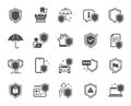 Defense icons. Car insurance, Secure shield and Safe umbrella icons. Vector