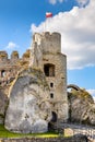 Defense walls and gate tower of medieval Ogrodzieniec Castle in Podzamcze village in Silesia region of Poland Royalty Free Stock Photo