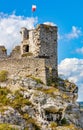 Defense walls and towers of medieval Ogrodzieniec Castle in Podzamcze village in Silesia region of Poland