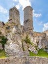 Defense walls and towers of medieval Ogrodzieniec Castle in Podzamcze village in Silesia region of Poland