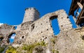 Defense walls and towers of medieval Ogrodzieniec Castle in Podzamcze village in Silesia region of Poland