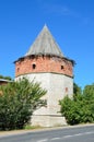 Defensive tower of the ancient Zaraysk Kremlin in sunny day. Russia, Moscow region