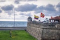 Defensive wall with Colombian and City Flags - Cartagena de Indias, Colombia Royalty Free Stock Photo