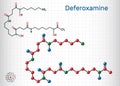 Deferoxamine, desferrioxamine B, DFOA, C25H48N6O8 molecule. It is an iron chelating agent. Structural chemical formula and