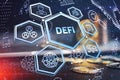 DeFi -Decentralized Finance on dark blue abstract polygonal background. Concept of blockchain, decentralized financial system Royalty Free Stock Photo