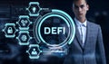 DeFi -Decentralized Finance on dark blue abstract polygonal background. Concept of blockchain, decentralized financial system Royalty Free Stock Photo