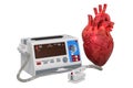 Defibrillator with human heart, 3D rendering