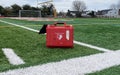 Defibrillator on a turf football field Royalty Free Stock Photo