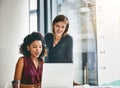 This is definitely a foolproof plan. two businesswomen working together on a laptop in an office. Royalty Free Stock Photo