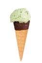 Mint choc chip ice cream on a chocolate-dipped cone Royalty Free Stock Photo