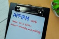 Definition of Affirm word with a meaning on a paperwork. Dictionary concept