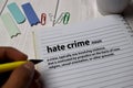 Definition of Hate Crime word with a meaning on a book. dictionary concept Royalty Free Stock Photo