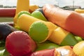 Deflate obstacle course in amusement park. Air escapes from inflatable structure. Details of collection of attractions