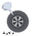 Deflated automobile tire. Punctured wheel of car. Cartoon flat illustration