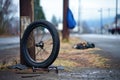 deflated tire next to a bike repair stand