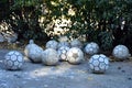 Deflated worn out footballs thrown away Royalty Free Stock Photo