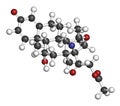 Deflazacort glucocorticoid drug molecule. 3D rendering. Atoms are represented as spheres with conventional color coding: hydrogen