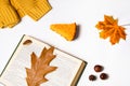 Defocus autumn flatlay. Open book with autumn leaves on it. Yellow leaves. Background. Flat lay composition with autumn