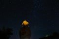 Defocus back view of woman in yellow hat looking night sky with many stars. Night sky with stars and silhouette of a Royalty Free Stock Photo