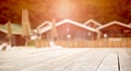 Banner Rustic landscape wooden houses hill forest sky.