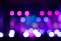 Defocus blurred abstract purple bokeh background. Festive spotted glitter background. Blurry music performance in rock