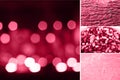 Defocus blurred abstract red bokeh background. Color of the year 2023. Viva magenta tint. Blurry music performance in