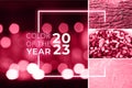 Defocus blurred abstract red bokeh background. Festive spotted glitter background. Color of the year 2023. Viva magenta