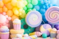 defocus. bright, colorful, rainbow photo zone. balloons, sweets, lollipops, caramel, macarons, cupcakes