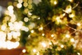 Defocus Christmas abstract background, decorated with luminous garland tree, close-up. Blurred xmas festive backdrop Royalty Free Stock Photo