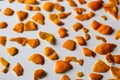 Defocus Christmas background. modern trendy peels of orange and tangerine on a white background. Many small pieces of Royalty Free Stock Photo