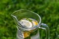 Defocus close-up glass jug of lemonade with lemon and mint on natural green nature background. Pitcher of cold summer Royalty Free Stock Photo