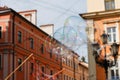 Defocus colorful bubble on city. Blowing big soap bubbles in the air. Vintage freedom, summer concepts. Blurred. Out of Royalty Free Stock Photo