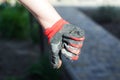 Defocus dislike gesture. Worn dirty and leaky gloves. Open palms of hands in worn workers gloves, protection against Royalty Free Stock Photo