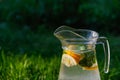 Defocus glass jug of lemonade with slice lemon and leaves of mint on natural deep green background. Pitcher of cool Royalty Free Stock Photo