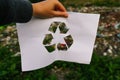 Defocus hand holding cut paper with the logo of recycling on dump garbage trash background. Recycling concept. Pollution