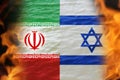 Defocus Israel Iran national flags. News, reportage, business background. Israel vs Iran. Battle of two countries. Fire