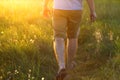 Defocus man walking on grass. Human legs in shorts in meadow background. Sunset. Summer happiness. Back view of male