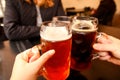 Defocus mug of light beer. Closeup of three hands clinking beer stein glasses. Company friends drinking beer in pub Royalty Free Stock Photo