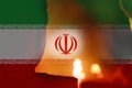 Defocus protest in Iran. Conflict war over border. Fire, flame. Closeup man face. Country flag. Out of focus