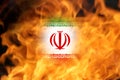 Defocus protest in Iran. Conflict war over border. Fire, flame. Country flag. Woman low rights. Out of focus